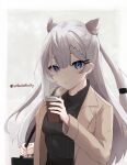  1girl absurdres bag blue_eyes blush braid braided_bangs breasts casual coffee cone_hair_bun cup disposable_cup grey_background grey_hair hair_bun highres hololive hololive_indonesia long_hair long_sleeves looking_at_viewer medium_breasts parted_lips shoulder_bag slowinfinity solo twitter_username two-tone_background upper_body vestia_zeta virtual_youtuber white_background 