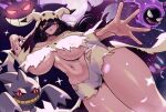  1girl banette black_hair breasts earrings gastly gengar hex_maniac_(pokemon) hex_maniac_(pokemon_legends:_z-a) highres huge_breasts jewelry mimikyu noxcuro pokemon pokemon_(creature) purple_eyes purple_nails thighs 