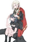  2girls absurdres black_footwear black_shirt black_shorts blue_eyes blue_hair boots breasts byleth_(female)_(fire_emblem) byleth_(fire_emblem) cape chinese_commentary cleavage cleavage_cutout closed_mouth clothing_cutout edelgard_von_hresvelg fire_emblem fire_emblem:_three_houses flower_wreath garreg_mach_monastery_uniform hair_between_eyes hand_up head_wreath highres long_hair looking_at_another medium_breasts molu_stranger multiple_girls pantyhose purple_eyes red_cape red_pantyhose shirt shorts sidelocks simple_background smile white_background white_hair 
