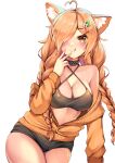  1girl :q adisila_leony ahoge animal_ear_fluff animal_ears bikini bikini_top_only black_bikini black_choker blush braid braided_twintails breasts cardigan cardigan_partially_removed cat_ears cat_girl choker cleavage commission cowboy_shot criss-cross_halter flower hair_flower hair_ornament halterneck heart heart_ahoge highres indie_virtual_youtuber large_breasts linea_alba looking_at_viewer low_twin_braids mia_mikhail mole mole_on_breast multi-source_commentary off_shoulder orange_cardigan orange_hair partially_unbuttoned short_shorts shorts simple_background skeb_commission solo swimsuit thick_thighs thighs tongue tongue_out twin_braids twintails virtual_youtuber white_background yellow_eyes 