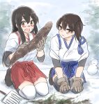  2girls akagi_(kancolle) black_thighhighs blue_hakama boots brown_gloves commentary_request day dirt dirty dirty_face food fukuroumori gloves hakama hakama_short_skirt hakama_skirt holding holding_food holding_vegetable japanese_clothes kaga_(kancolle) kantai_collection kimono long_hair multiple_girls open_mouth outdoors red_hakama side_ponytail sitting skirt snow snowman sweet_potato tasuki thighhighs vegetable white_kimono white_thighhighs 