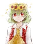  1girl falling_petals flower green_hair head_wreath highres kazami_yuuka looking_at_viewer petals plaid_clothes plaid_vest red_eyes red_vest shirt short_hair simple_background solo sunflower tama_(hiroshige_36) touhou upper_body vest white_background white_shirt 