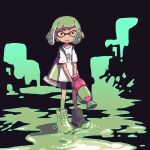  1girl bike_shorts black_background closed_mouth commentary_request full_body green_hair gun holding holding_gun holding_weapon inkling inkling_girl inkling_player_character orange_eyes pointy_ears saboteri_(savot) shirt shoes short_hair shorts solo splatoon_(series) standing tentacle_hair weapon white_shirt 