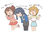  3girls :d ^_^ ahoge arms_behind_back black_hair black_skirt blonde_hair blue_shirt blue_skirt bowing brown_hair closed_eyes commentary_request eighth_note hands_up ibuki_tsubasa idolmaster idolmaster_million_live! kasuga_mirai long_hair mogami_shizuka multiple_girls musical_note one_side_up open_mouth pink_shirt red_skirt shirt short_hair simple_background skirt smile standing standing_on_one_leg strawberry_pop_moon_(idolmaster) translation_request tsubobot white_background white_shirt 