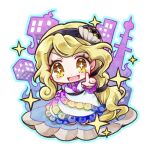  +_+ 1girl black_hairband blonde_hair chibi chibi_only clam_shell commentary_request dice dress frilled_sleeves frills hair_ornament hairband long_hair looking_at_viewer lowres open_mouth shell shell_hair_ornament simple_background sitting smile socha solo touhou very_long_hair watari_nina white_background white_dress yellow_eyes 