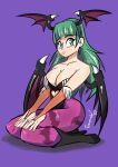  2020 4_wings 5_fingers armwear back_wings bangs big_breasts black_boots black_clothing black_footwear black_leotard black_wings blue_eyes boots breasts bridal_gauntlets capcom claws cleavage clothed clothed_female clothed_humanoid clothing collarbone darkstalkers dated eyebrows eyelashes female female_humanoid fingernails fingers footwear green_eyebrows green_hair hair head_wings hi_res high_heeled_boots high_heels humanoid kneeling leggings legwear leotard lips long_hair looking_at_viewer membrane_(anatomy) membranous_wings morrigan_aensland mouth_closed multi_wing nails orange_armwear orange_bridal_gauntlets orange_clothing pupils purple_background purple_clothing purple_leggings purple_legwear purple_membrane purple_wings shoes signature simple_background solo strapless_clothing strapless_leotard tomaruchi two_tone_wings unusual_wing_placement white_claws wing_claws winged_humanoid wings 