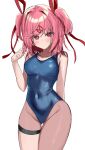  1girl absurdres ass_visible_through_thighs b4_(yonten) bangs blue_one-piece_swimsuit blush breasts covered_navel doki_doki_literature_club highres looking_at_viewer natsuki_(doki_doki_literature_club) one-piece_swimsuit pantyhose pink_eyes pink_hair pink_pantyhose simple_background solo swimsuit two_side_up wet white_background 