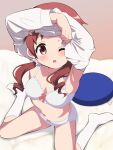  1girl armpits arms_up blush bra breasts cleavage clothes_lift drill_hair gochuumon_wa_usagi_desu_ka? hemonemo lifted_by_self medium_breasts natsu_megumi navel one_eye_closed panties red_eyes red_hair shirt shirt_lift sitting socks solo twintails underwear undressing white_bra white_panties white_shirt white_socks 