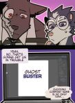 adrian_(king_slabu) american_opossum anthro black_text bone canid canine canis clothed clothing comic computer dialogue digital_media_(artwork) domestic_dog duo electronics english_text eyewear glasses hi_res highlighted_text king_slabu laptop male mammal marsupial muscular muscular_anthro muscular_male nolan_(king_slabu) orange_eyes purple_eyes round_glasses skull skull_head speech_bubble spirit text virginia_opossum 