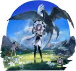  3girls artist_request black_pantyhose black_shoes blonde_hair blue_eyes blue_hair blue_sky book capelet cloud dragon emp_(path_to_nowhere) flower flower_over_eye gem glowing glowing_sword glowing_weapon grass green_hoodie hat health_bar hecate_(path_to_nowhere) highres holding holding_book holding_down_headwear holding_sword holding_weapon hood hoodie lake lily_(flower) mess_(path_to_nowhere) mountain mountainous_horizon multiple_girls nature official_alternate_costume official_art outdoors pantyhose path_to_nowhere red_gem rock shoes sky slime_(creature) sword tail tree water weapon white_capelet white_flower white_hat white_hoodie white_lily white_shoes witch_hat 