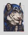  2023 4_fingers anthro black_stripes blakc_stripes blue_eyes claws clothed clothing digital_media_(artwork) felid fingers fur looking_at_viewer mammal pantherine rogueliger smile striped_body striped_fur stripes tiger white_body white_fur 