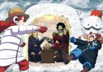  4boys black_coat blonde_hair blue_pants boots bottle brown_boots buggy_the_clown clown_nose coat commentary_request cup earmuffs facial_hair gloves gol_d._roger handlebar_mustache hat highres igloo motion_blur multiple_boys musasabiop mustache one_piece outdoors pants pirate_costume pouring red_coat red_hair round_eyewear sakazuki sake_bottle shanks_(one_piece) short_hair silvers_rayleigh snow snow_shelter snowball snowball_fight snowman straw_hat white_coat white_gloves winter winter_clothes 