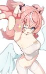  1girl ;o absurdres aria_(zenless_zone_zero) ass blue_eyes breasts commentary_request fakeseal2 fingerless_gloves gloves highres korean_commentary looking_at_viewer medium_breasts medium_hair midriff navel one_eye_closed pink_gloves pink_hair shorts simple_background solo tank_top white_background white_shorts white_tank_top white_wings wings yoga_shorts zenless_zone_zero 
