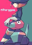  1girl black_eyes black_hat black_shirt character_name closed_mouth commentary_request cowboy_shot gloves grey_gloves hat looking_at_viewer pokemon pokemon_heartgold_and_soulsilver porygon saboteri_(savot) shirt short_hair smile solo team_rocket_grunt two-tone_background 