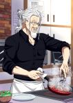  1boy apron black_shirt cherry_tomato commentary_request cooking frying_pan glasses grey_hair hair_bun highres holding holding_frying_pan holding_tongs illegible_text male_focus musasabiop old old_man one_piece parted_lips plate round_eyewear salad scar scar_across_eye scar_on_face shirt silvers_rayleigh single_hair_bun solo tomato tongs upper_body waist_apron 