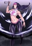  :d abs absurdres black_gloves black_hair breasts evil_grin evil_smile eyepatch gloves glowing glowing_eye grin han_juri highres long_hair looking_at_viewer midriff moto_(user_ksxp8545) multicolored_hair muscular muscular_female nail_polish navel pants partially_fingerless_gloves pink_eyes pink_hair pink_nails smile standing street_fighter street_fighter_v teeth two-tone_hair yoga_pants 