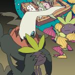  1other blue_eyes chopping cutting_board darkrai dream_eater_(pokemon) holding holding_pokemon nervous nightmare oddish onion pokemon pokemon_(creature) red_onion saboteri_(savot) speech_bubble wavy_mouth 