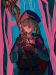  1girl aesc_(fate) black_gloves blonde_hair blue_eyes commentary_request fate/grand_order fate_(series) gloves hair_between_eyes hat highres holding holding_staff kohitsu_sumi long_hair long_sleeves looking_at_viewer ponytail smile solo staff very_long_hair 