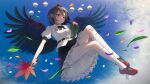  1girl absurdres bird_wings black_bow black_bowtie black_wings bloomers blue_sky bow bowtie brown_hair closed_mouth cloud collared_shirt commentary_request day falling_leaves falling_petals feathered_wings frilled_skirt frills full_body geta hat hauchiwa highres kneehighs leaf looking_at_viewer petals pointy_ears pom_pom_(clothes) pyonsuke_(pyon2_mfg) red_eyes red_hat red_shoes shameimaru_aya shirt shoes short_hair short_sleeves skirt sky smile socks solo tengu-geta tokin_hat touhou white_bloomers white_shirt white_socks wings 