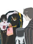  2girls ascot black_hair black_pants blonde_hair bowing charon_(project_moon) coat collared_shirt gift green_coat grey_hair hand_on_another's_head highres holding holding_gift limbus_company moses_(project_moon) multicolored_hair multiple_girls pants project_moon red_ascot shirt short_hair simple_background streaked_hair tatsunami toned toned_male vergilius_(project_moon) vespa_crabro white_background white_hair white_shirt 