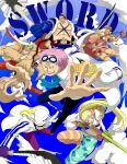  2girls 4boys abs backpack bag blonde_hair blunt_bangs blush_stickers chain chest_tattoo cloud coat crop_top dress epaulettes eye_mask fur_coat gloves green_hair gun haki_(one_piece) hat headphones helmeppo hibari_(one_piece) highres holding holding_gun holding_weapon koby_(one_piece) kujaku_(one_piece) large_hat mask multiple_boys multiple_girls one_piece orange_hair pink_dress pink_hair pink_hat ponytail prince_grus scar scar_on_face scar_on_forehead short_hair sunglasses tattoo weapon white_hat x_drake yosuyosu 