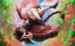  1girl absurdres artist_name black_boots black_hat black_jacket black_skirt blue_sky blurry boots bow brown_hair clawed_boots cloud colored_tips commentary day dragon_girl dragon_tail dragon_wings english_commentary fingernails flower fraiki_(vtuber) full_body greece hat highres hood hood_down hooded_jacket indie_virtual_youtuber jacket midair multicolored_hair open_mouth outdoors petals pink_flower pink_hair pink_petals pink_thighhighs plaid_clothes plaid_hat plaid_jacket plaid_skirt ser_raccoon sharp_teeth short_hair skirt sky smile solo tail teeth thigh_strap thighhighs tree upper_teeth_only v virtual_youtuber white_bow wings 