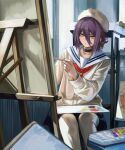  1girl beret black_choker chainsaw_man choker deyo_(nicijyou) hair_between_eyes hair_bun hat highres holding holding_brush looking_at_object looking_to_the_side neckerchief paintbrush painting_(action) palette_(object) purple_hair red_neckerchief reze_(chainsaw_man) sailor_collar school_uniform serafuku short_hair single_hair_bun solo white_sailor_collar yellow_eyes 