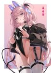  1girl :q animal_ear_headphones animal_ears bangs bare_shoulders blush choker fake_animal_ears groin headphones highres jacket kedama_milk long_hair looking_at_viewer off_shoulder one_side_up original pink_hair playboy_bunny purple_eyes rabbit_ear_headphones rabbit_ears sakyumama_(kedama_milk) smile solo tail thighhighs tongue tongue_out wedgie white_thighhighs 
