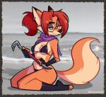 2026 anthro arm_tuft beach bikini black_bikini black_clothing black_swimwear breasts canid canine clothing crowbar dipstick_ears ear_markings ear_piercing ear_ring eyebrows eyelashes eyewear feet female fingerless_gloves footwear fox fur glasses glistening gloves green_eyes hair handwear hi_res kneeling mammal markings mole_(marking) mole_on_breast multicolored_ears navel orange_body orange_fur piercing ponytail psicoyote purple_scarf red_hair ring_piercing round_glasses scarf shoulder_tuft socks solo swimwear tan_body tan_fur toeless_footwear toeless_socks tools tuft two-piece_swimsuit veronica_(psicoyote)