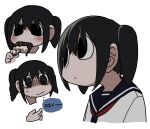  1girl @_@ black_eyes black_hair black_sailor_collar brain_freeze cropped_head cropped_torso empty_eyes explosion_psycho haguruma_hasami_(explosion_psycho) highres ice_cream_bar neckerchief original partially_shaded_face sailor_collar school_uniform serafuku shirt simple_background slouching solo twintails white_background white_shirt 