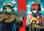  2boys absurdres atumikan_37ten5 black_coat black_eyes black_gloves black_necktie blue_gloves blue_hair blue_necktie cloud coat collared_shirt commentary_request empty_eyes facial_hair fake_sky genderswap genderswap_(ftm) glasses gloves goatee hand_on_own_chest hand_up hat hatsune_miku headset highres kasane_teto long_hair looking_at_another looking_at_viewer male_focus mature_male mesmerizer_(vocaloid) miku-oji multicolored_gloves multiple_boys mustache_stubble necktie open_mouth ponytail red-framed_eyewear red_hair red_hat sharp_teeth shirt smile smiley_hat_ornament striped_clothes stubble suspenders teeth two-tone_gloves upper_body vertical-striped_clothes visor_cap vocaloid white_shirt yellow_gloves 