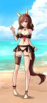 1girl absurdres animal_ears anklet barefoot beach bikini blush braid breasts brown_hair buena_vista_(umamusume) collarbone commentary_request flower hair_between_eyes hair_flower hair_ornament hairband highres horse_girl jewelry kyabetsuman medium_breasts navel necklace ocean open_mouth solo swimsuit thigh_strap umamusume 