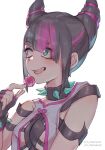  1girl :d artist_name bangs black_hair breasts candy chamame collar food green_eyes han_juri heterochromia holding holding_candy holding_food holding_lollipop lollipop multicolored_hair open_mouth pink_eyes pink_hair simple_background smile solo spiked_collar spikes street_fighter street_fighter_v two-tone_hair upper_body white_background 