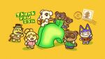  1girl 2001 6+boys absurdres animal_crossing anniversary apron black_apron cane cat chibi chibi_only commentary dog english_commentary glasses guitar gyroid_(animal_crossing) highres holding holding_cane holding_guitar holding_instrument instrument isabelle_(animal_crossing) jack_russell_terrier k.k._slider_(animal_crossing) leaf multiple_boys music nintendo official_art playing_guitar playing_instrument postage_stamp raccoon rover_(animal_crossing) shiba_inu thank_you timmy_(animal_crossing) tom_nook_(animal_crossing) tommy_(animal_crossing) tortimer_(animal_crossing) tortoise turtle waving yellow_background 