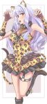  1girl animal_ears animal_print anjerain blush boots breasts cleavage dress frills hair_intakes highres idolmaster idolmaster_(classic) large_breasts leopard_ears leopard_print long_hair open_mouth orange_dress paw_pose pink_eyes shijou_takane solo thigh_strap white_hair 