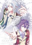  2boys black_necktie celis206201 coin commentary crow_armbrust dated double-parted_bangs ear_piercing earrings eiyuu_densetsu english_commentary glint hair_between_eyes headband jacket jewelry male_focus mullet multiple_boys necktie parted_lips piercing purple_eyes purple_hair purple_necktie rean_schwarzer red_eyes school_uniform sen_no_kiseki_(series) sen_no_kiseki_i short_hair smile thors_military_academy_class_vii_uniform thors_military_academy_school_uniform twitter_username upper_body watermark white_hair white_headband 