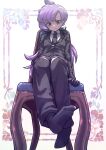  1girl anabel_(pokemon) bangs black_gloves black_jacket black_pants blush buttons chair closed_mouth collared_shirt commentary_request eyelashes from_below gloves highres jacket kotobukkii_(yt_lvlv) long_hair long_sleeves necktie pants pokemon pokemon_(game) pokemon_sm purple_eyes purple_hair shirt sitting socks solo 