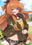  1girl absurdres animal_ears belt belt_buckle blush bomber_jacket buckle commentary_request ear_ornament ekazawa_sdvx green_belt green_jacket highres horse_ears horse_girl horse_tail jacket long_sleeves looking_at_viewer mayano_top_gun_(scramble_zone)_(umamusume) mayano_top_gun_(umamusume) midriff navel open_mouth orange_eyes orange_hair orange_tail outdoors shorts smile solo tail tank_top two_side_up umamusume white_shorts yellow_tank_top 