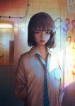  1girl blue_necktie bob_cut brown_hair closed_mouth collared_shirt highres indoors looking_at_viewer mural necktie original shirt smile solo upper_body wataboku white_shirt wing_collar 