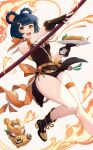  1girl :d black_gloves blue_hair braid breasts breathing_fire dress fingerless_gloves fire food foot_out_of_frame genshin_impact gloves guoba_(genshin_impact) hair_ornament hairclip highres holding holding_food holding_plate holding_polearm holding_weapon looking_at_viewer medium_breasts micro_shorts open_mouth pepper plate polearm short_dress short_eyebrows short_hair shorts smile taejoo_lee thigh_strap thighs vision_(genshin_impact) weapon wide_hips xiangling_(genshin_impact) yellow_eyes 