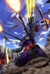  1980s_(style) 1990s_(style) absurdres arm_cannon army artist_request canopy_(aircraft) canyon caterpillar_tracks cloud cloudy_sky damaged debris dirty dual_arm_cannons dust_cloud earth_federation explosion faux_traditional_media firing fleet flying gopp_(gundam) guncannon gundam gundam_perfect_file guntank highres magazine_scan mecha mecha_focus mobile_suit mobile_suit_gundam muzzle_flash no_humans official_art promotional_art retro_artstyle robot scan scene_reference science_fiction shoulder_cannon sky spacecraft starfighter traditional_media war weapon white_base zeon 