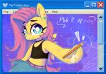 absurd_res belt black_clothing black_crop_top black_shirt black_topwear blue_bottomwear blue_clothing blue_skirt bottomwear choker clothing crop_top dialogue english_text equid equine female feral fluttershy_(mlp) friendship_is_magic fur green_eyes hair hasbro hi_res holding_object holding_pencil horse jewelry mammal microsoft microsoft_windows my_little_pony necklace pencil pencil_(object) pink_belt pink_hair pony shirt skirt solo speech_bubble talking_to_viewer text topwear wavecipher windows_xp yellow_body yellow_fur