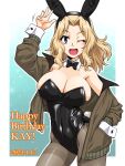  1girl animal_ears bangs blonde_hair blue_eyes breasts cleavage contrapposto covered_navel dated fake_animal_ears forehead girls_und_panzer hair_intakes happy_birthday jacket kay_(girls_und_panzer) large_breasts long_hair long_sleeves one_eye_closed oosaka_kanagawa open_mouth pantyhose parted_bangs playboy_bunny rabbit_ears shiny_clothes smile solo thighband_pantyhose waving wrist_cuffs 