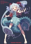  1girl :d artist_name bare_shoulders blue_background blue_dress blue_hair blue_ribbon blush commentary copyright_name detached_sleeves dress earrings full_body highres horn_ornament horn_ribbon horns jewelry looking_at_viewer morino_hon motor_oil open_mouth oversized_spoon pointy_ears print_dress red_eyes red_horns red_sleeves ribbon sharp_teeth sheep_horns short_hair short_sleeves simple_background sleeveless sleeveless_dress smile solo spoon standing teeth touhou toutetsu_yuuma untranslatable_commentary upper_teeth_only watermark 