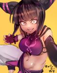  1girl bangs bare_shoulders black_hair black_sleeves breasts evil_grin evil_smile fingerless_gloves gloves grin hair_ornament han_juri looking_at_viewer midriff muscular muscular_female nagare navel pants pink_eyes pink_gloves purple_shirt shirt simple_background single_sleeve smile solo street_fighter street_fighter_v white_pants yellow_background 