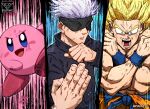  3boys blonde_hair colored_skin dougi dragon_ball dragon_ball_z gojo_satoru highres jujutsu_kaisen kirby kirby_(series) male_focus meme multiple_boys muscular muscular_male orange_pants pants pink_skin pizza990 saiyan solid_oval_eyes son_goku spiked_hair super_saiyan super_saiyan_1 triple_domain_expansion_(meme) white_hair 