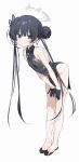  1girl black_dress black_gloves black_hair blue_archive butterfly_hair_ornament china_dress chinese_clothes double_bun dress gloves grey_halo hair_bun hair_ornament halo highres kisaki_(blue_archive) leaning_forward long_hair measho simple_background sleeveless sleeveless_dress solo twintails white_background 