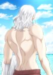  1boy cloud commentary_request day facing_away grey_hair highres long_hair male_focus male_swimwear musasabiop ocean old old_man one_piece outdoors red_male_swimwear silvers_rayleigh solo topless_male 