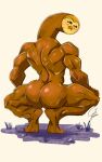  2021 anthro avian beak big_butt big_muscles bird blush broly_culo brown_body brown_butt butt butt_focus crouching disney hi_res hooty_(the_owl_house) ironcan0133 looking_back male meme muscular muscular_anthro muscular_male nude owl parody smile solo spread_legs spreading the_owl_house 