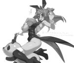  1girl animal_ears arm_up artist_name ass bandeau bare_arms boots bouncing_breasts bow bowtie breasts coattails commentary_request covered_nipples cuff_links detached_collar fake_animal_ears fake_tail fang floating_clothes floating_hair fold-over_boots foot_out_of_frame from_side greyscale hair_intakes hashtag high_heel_boots high_heels highres lapels large_breasts leaning_back long_hair looking_at_viewer looking_to_the_side miton-chan_(miton_(turuyasann)) miton_(turuyasann) monochrome motion_blur motion_lines open_mouth original playboy_bunny rabbit_ears rabbit_tail riding simple_background skin_fang skindentation solo spring_rider sweatdrop tail tailcoat thigh_boots thighhighs traditional_bowtie translation_request twitter_username two_side_up unaligned_breasts v-shaped_eyebrows vest white_background wrist_cuffs 